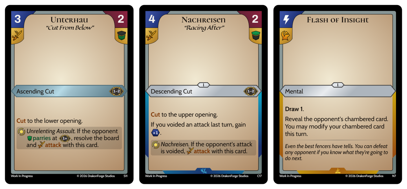 Three cards from Meisterhau: Unterhau, Nachreisen, and Flash of Insight